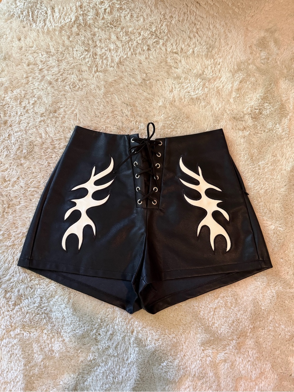 12th Tribe High-Waist Faux Leather Shorts with White Flame Appliqués